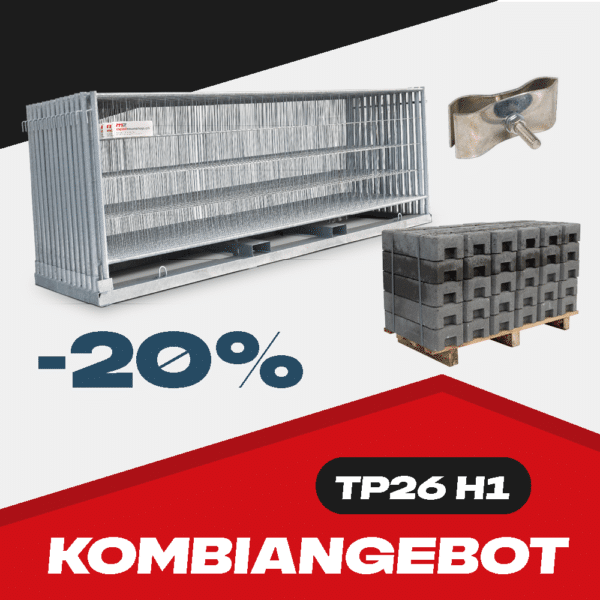 Kombi Angebot mit H1 Mobilzäunen, Transportgestell, Sockeln und Verbindungsschelle auf einem rot, weiss und schwarzen Hintergrund mit 20% Symbol.