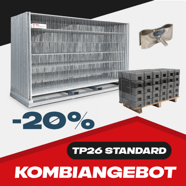 Kombi Angebot mit Standard Mobilzäunen, Transportgestell, Sockeln und Verbindungsschelle auf einem rot, weiss und schwarzen Hintergrund mit 20% Symbol.