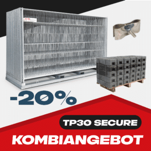 Kombi Angebot mit Secure Mobilzäunen, Transportgestell, Sockeln und Verbindungsschelle auf einem rot, weiss und schwarzen Hintergrund mit 20% Symbol.