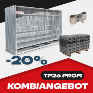 Kombi Angebot mit Profi Mobilzäunen, Transportgestell, Sockeln und Verbindungsschelle auf einem rot, weiss und schwarzen Hintergrund mit 20% Symbol.