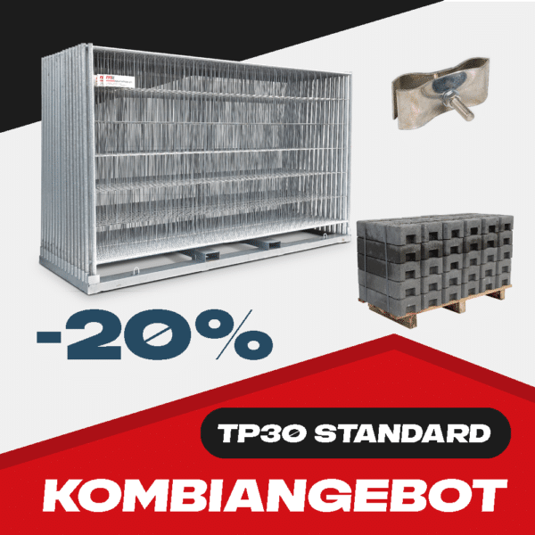 Kombi Angebot mit Standard Mobilzäunen, Transportgestell, Sockeln und Verbindungsschelle auf einem rot, weiss und schwarzen Hintergrund mit 20% Symbol.