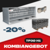 Kombi Angebot mit H1 Mobilzäunen, Transportgestell, Sockeln und Verbindungsschelle auf einem rot, weiss und schwarzen Hintergrund mit 20% Symbol.